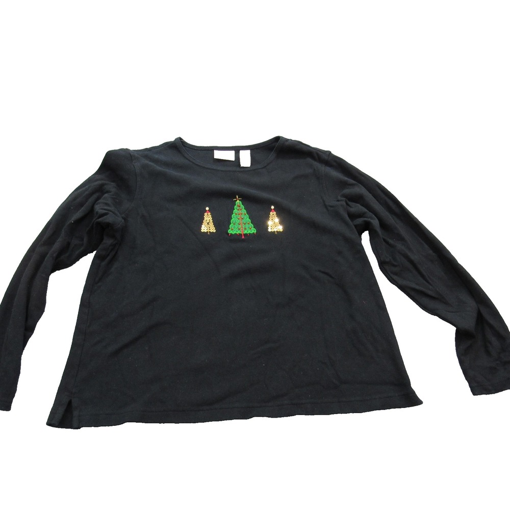 Classic Elements Shirt Womens Medium Black Christmas Tree Sequin Long Sleeve Top